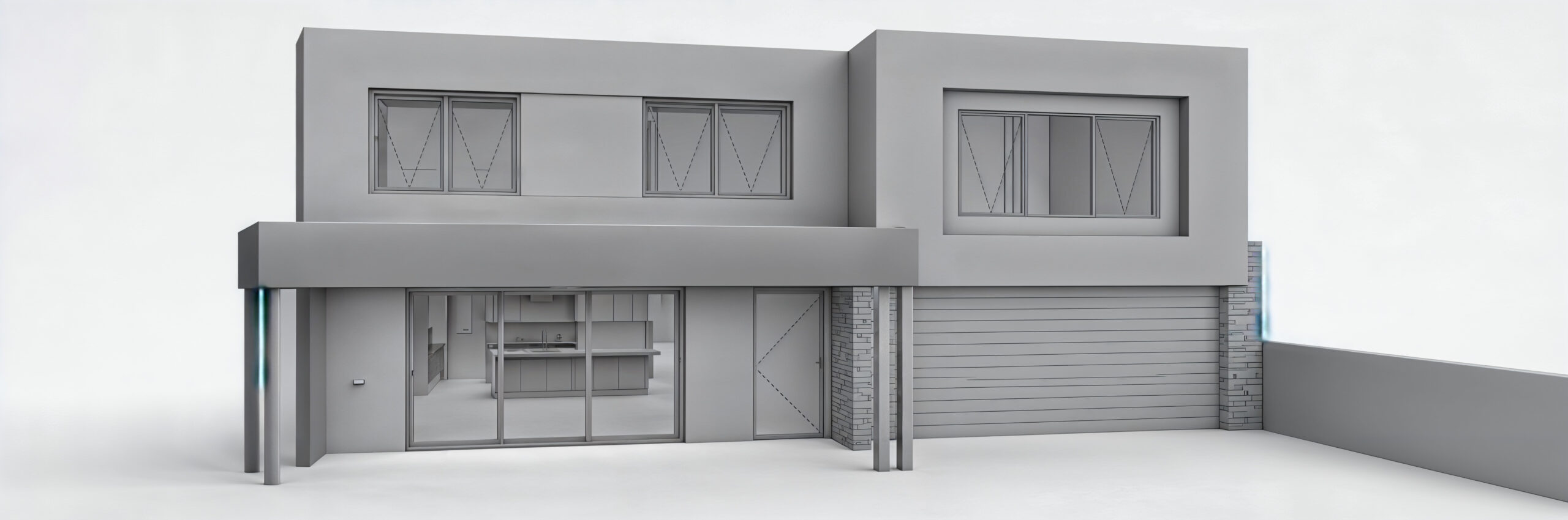 Photorealistic modern two-story house exterior 3D render at dusk by Realistic 3D