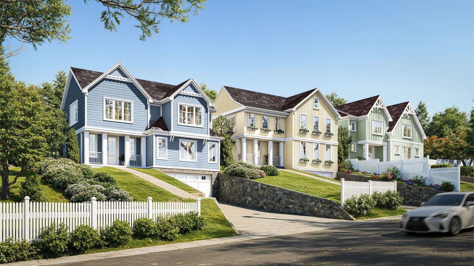 Exterior render of colorful American homes along a sunny streetscape