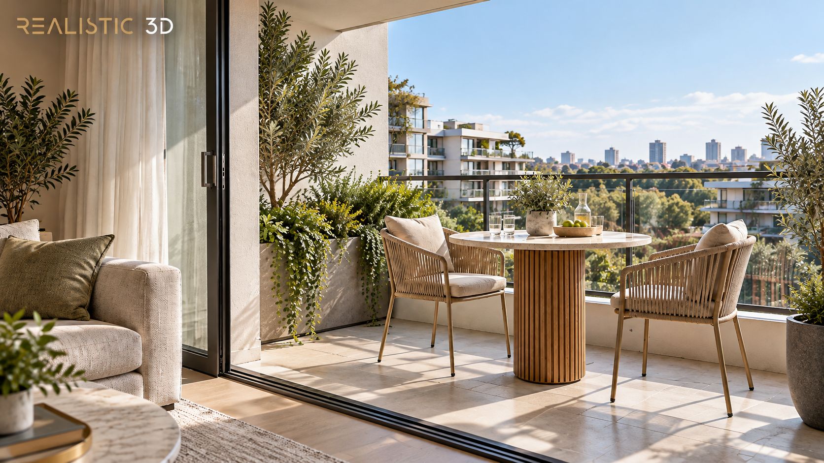 Apartment balcony rendering showing practical outdoor seating and clear access.