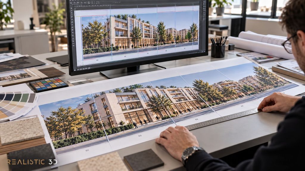 Architect reviewing architectural rendering for site hoardings against printed proofs.