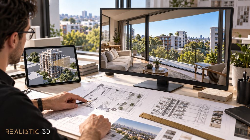 Architect reviewing floor specific apartment view rendering against approved drawings.