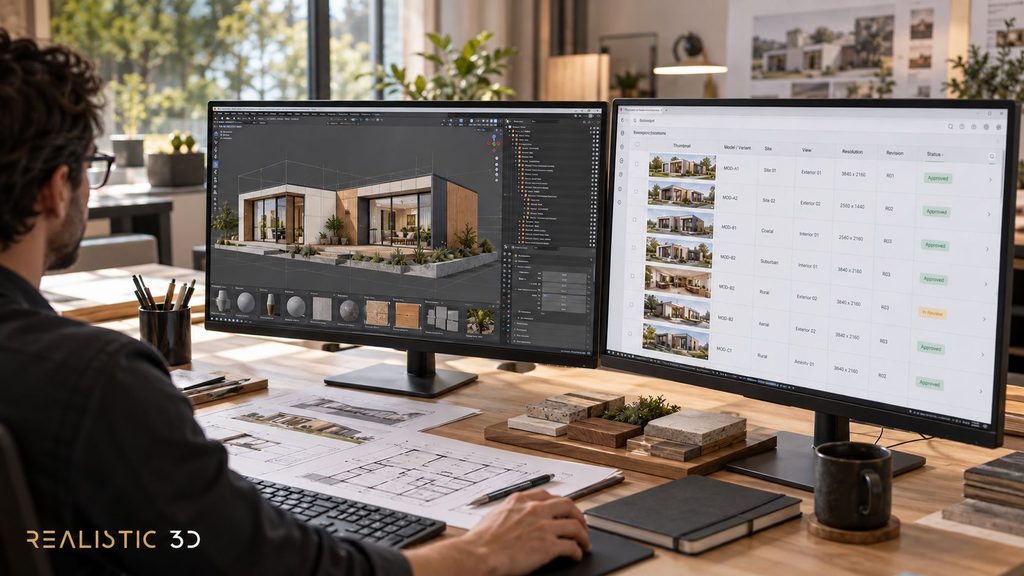Architect reviewing modular home rendering libraries for consistent model revisions.