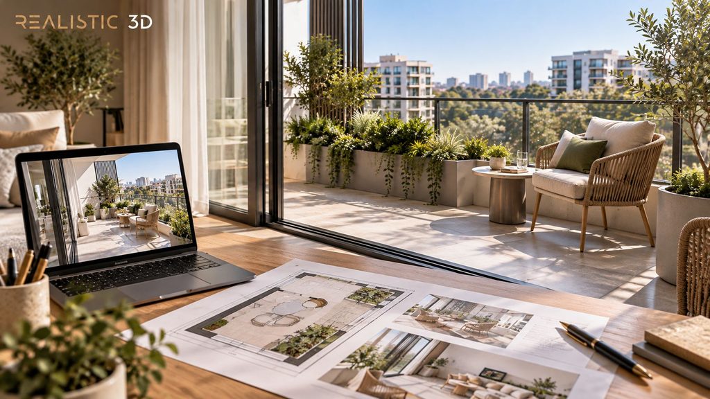 Architect reviews apartment balcony layout with plans and realistic outdoor seating.