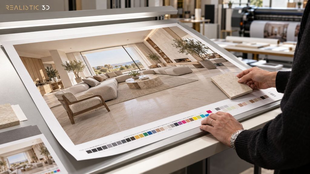 Architectural print proof inspection under neutral light with material sample.