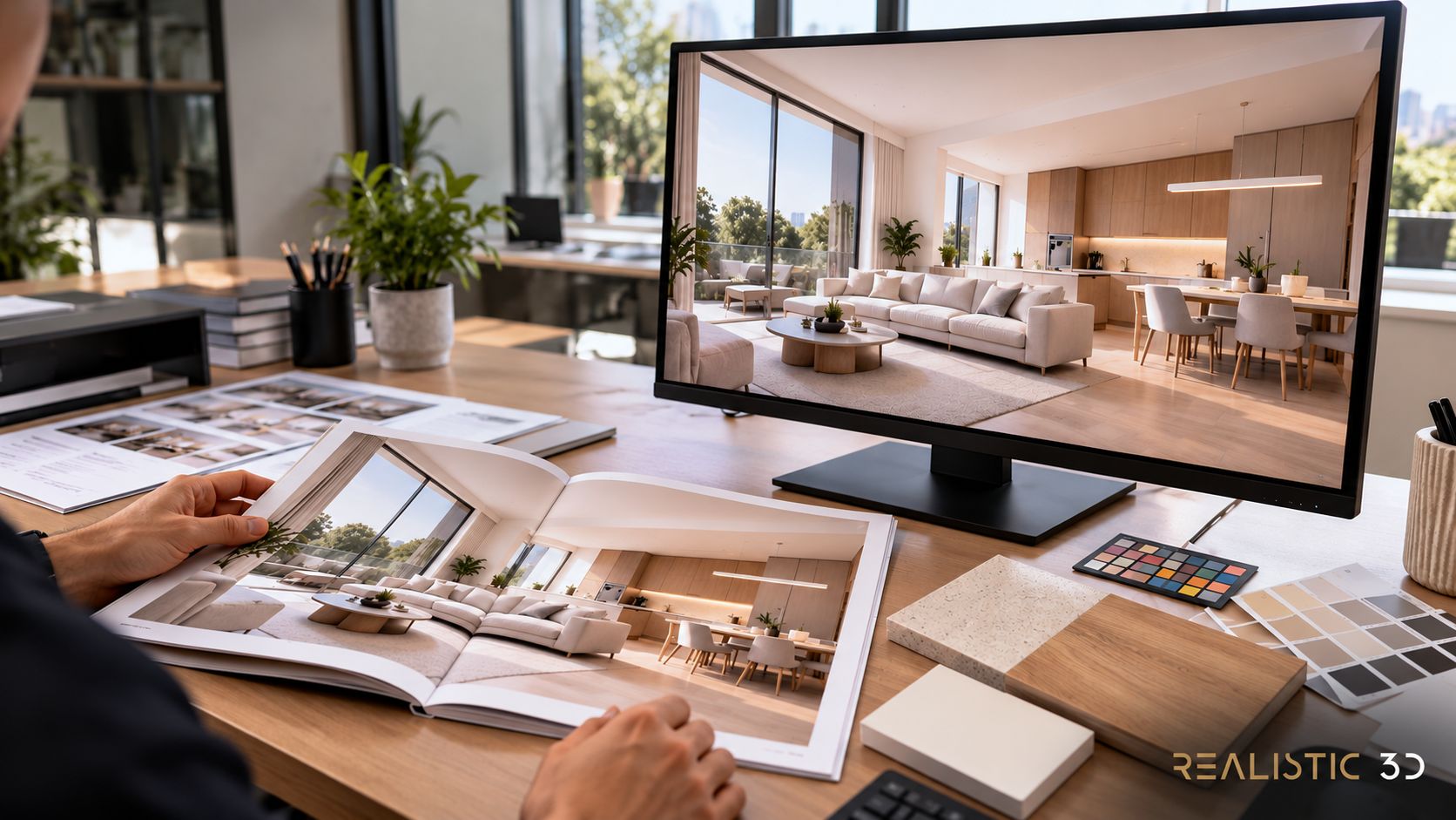 Architectural rendering color approval ensuring consistency between digital and print brochures.