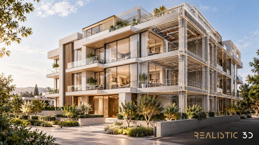 Luxury apartment rendering with BIM cutaway showing coordinated building elements.