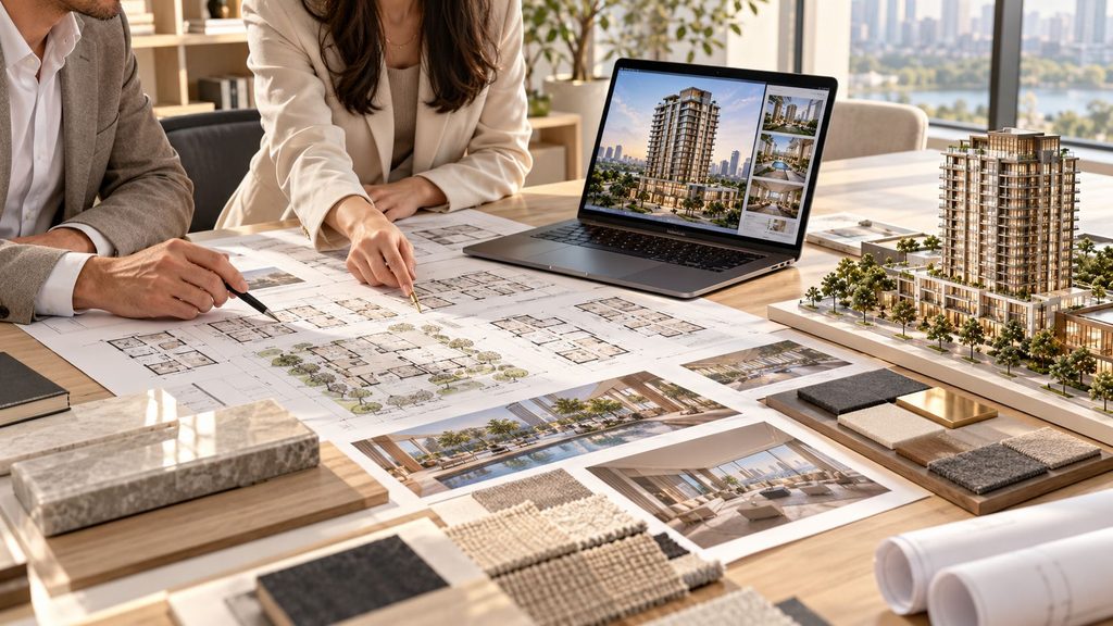 Developer and architect reviewing condominium briefing materials and marketing renderings.