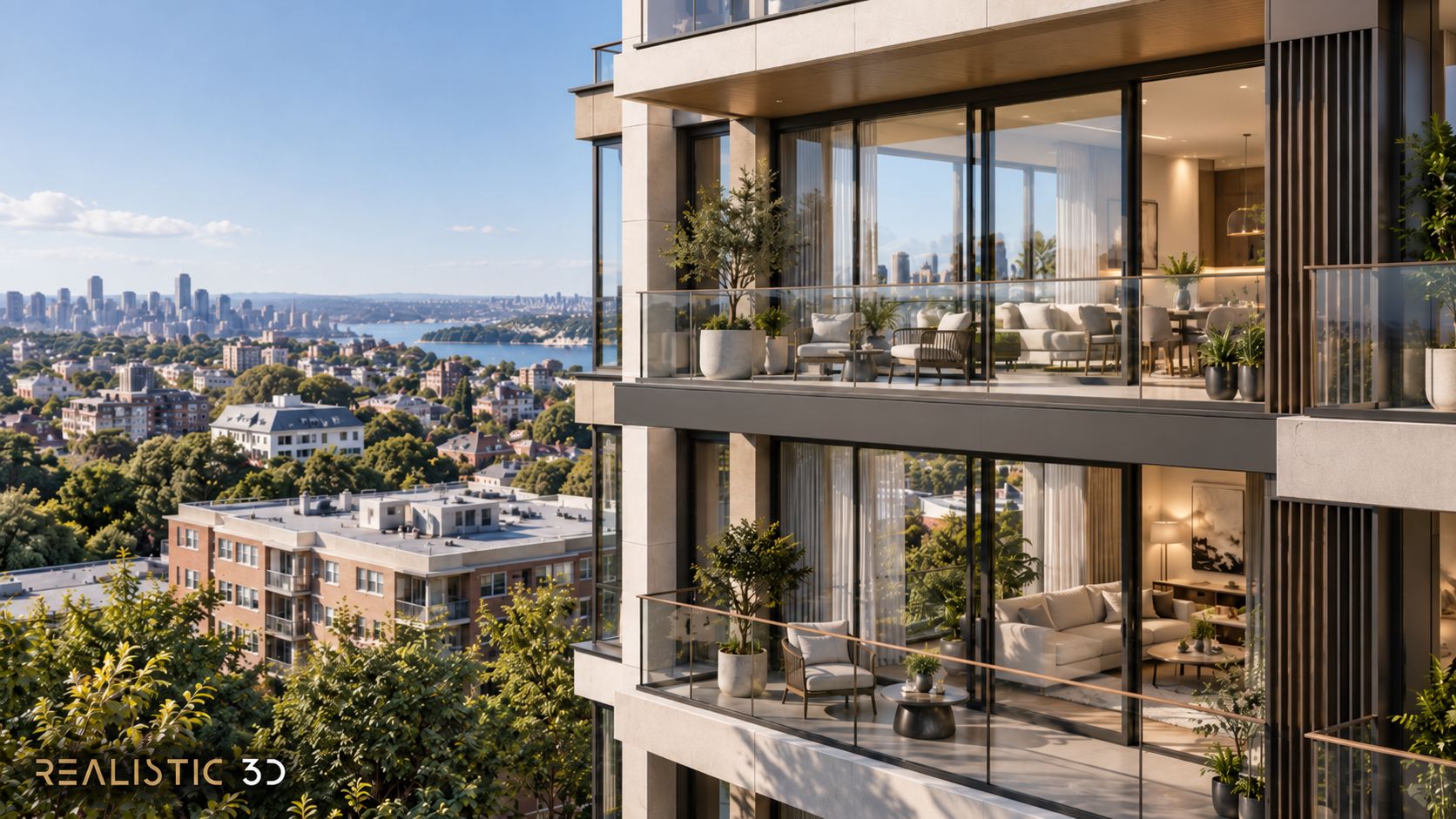 Floor specific apartment view rendering showing different outlooks from two levels.