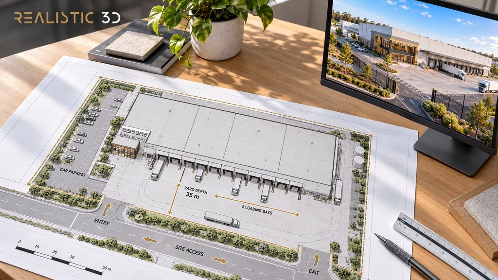 Industrial building rendering services illustrated through detailed warehouse site plans.