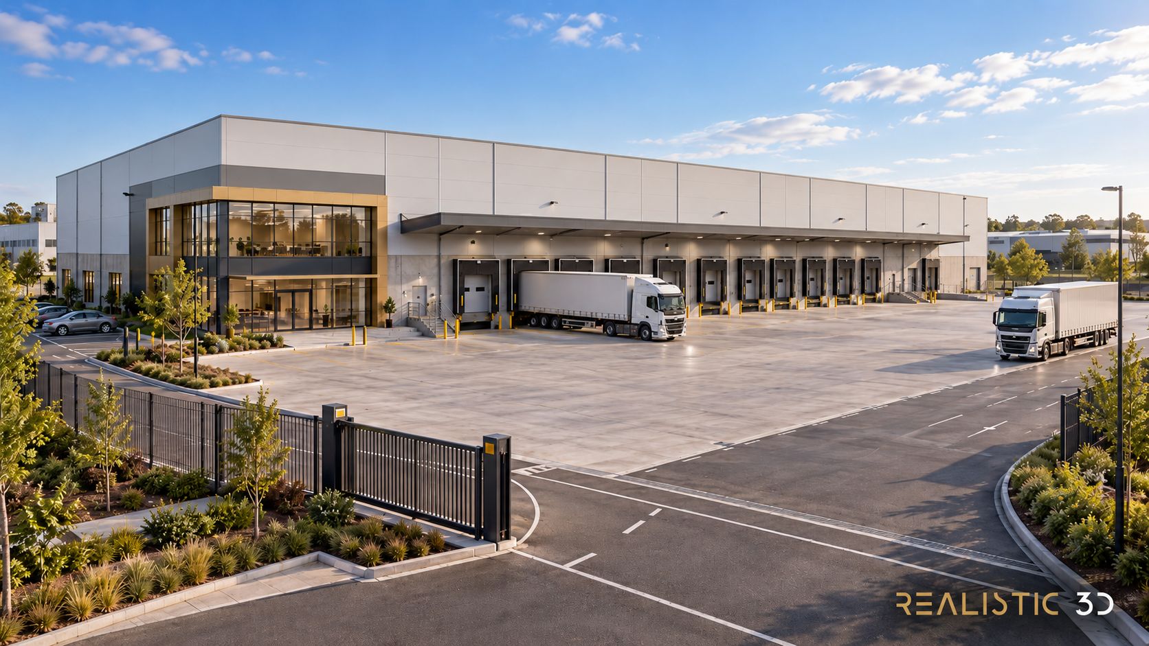 Industrial building rendering services showing warehouse loading bays, access road and yard.
