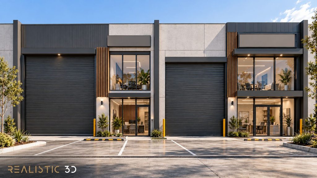 Industrial strata unit rendering comparing roller doors, office entrances and glazing.
