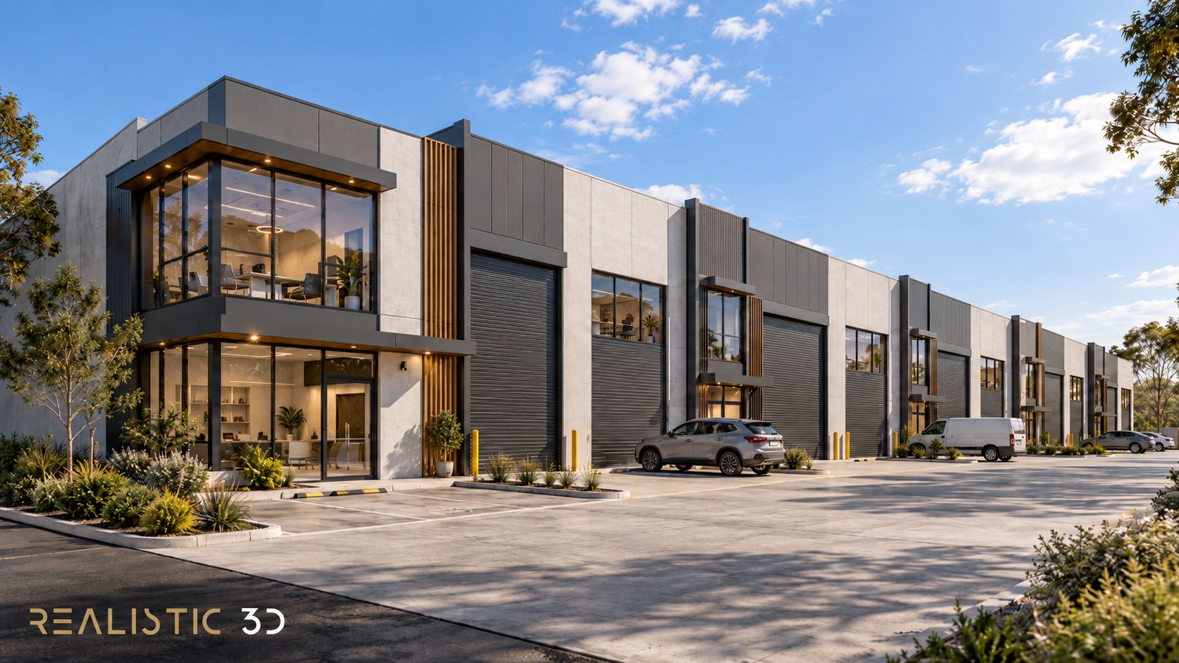 Industrial strata unit rendering comparing modern Australian warehouse bays side by side