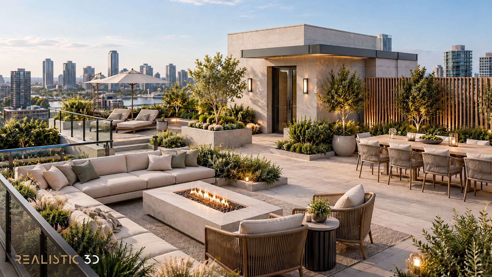 Luxury rooftop amenity rendering services showing functional terrace layout and greenery.