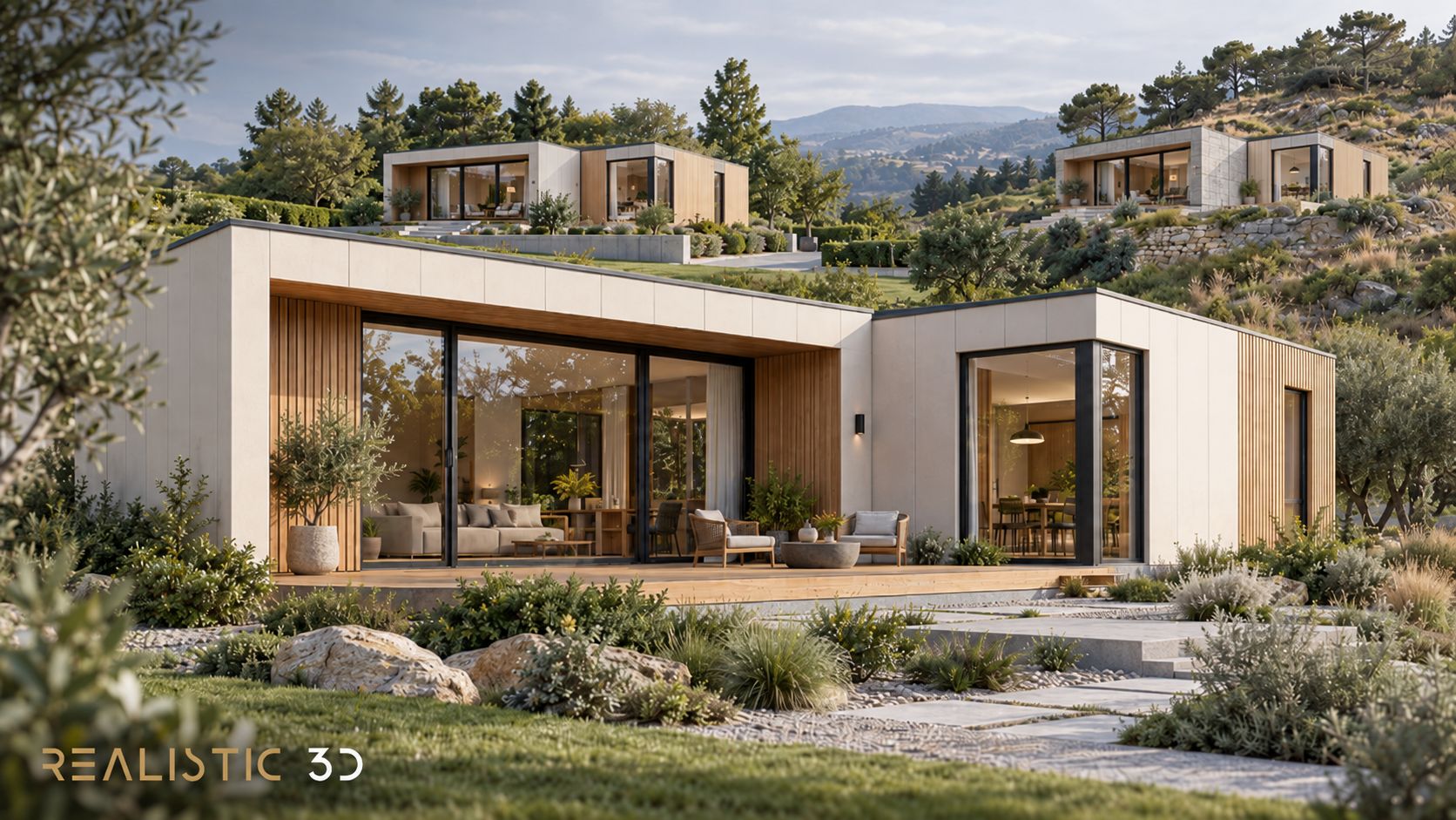 Modular home rendering services showing consistent house designs across varied sites.