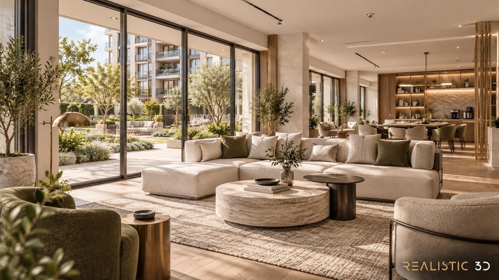 Resident lounge rendering with shared amenities, natural materials, and garden view