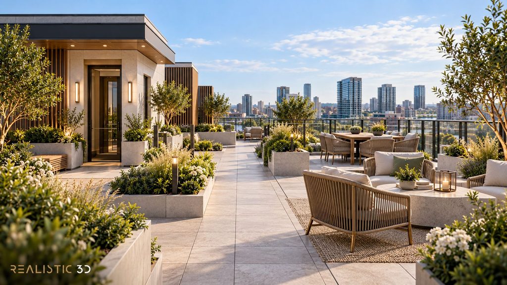 Rooftop terrace render showing pathways, seating zones, planting, and skyline.
