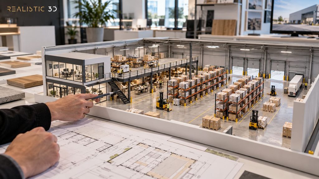 Warehouse rendering services design review featuring office, mezzanine and floor layouts