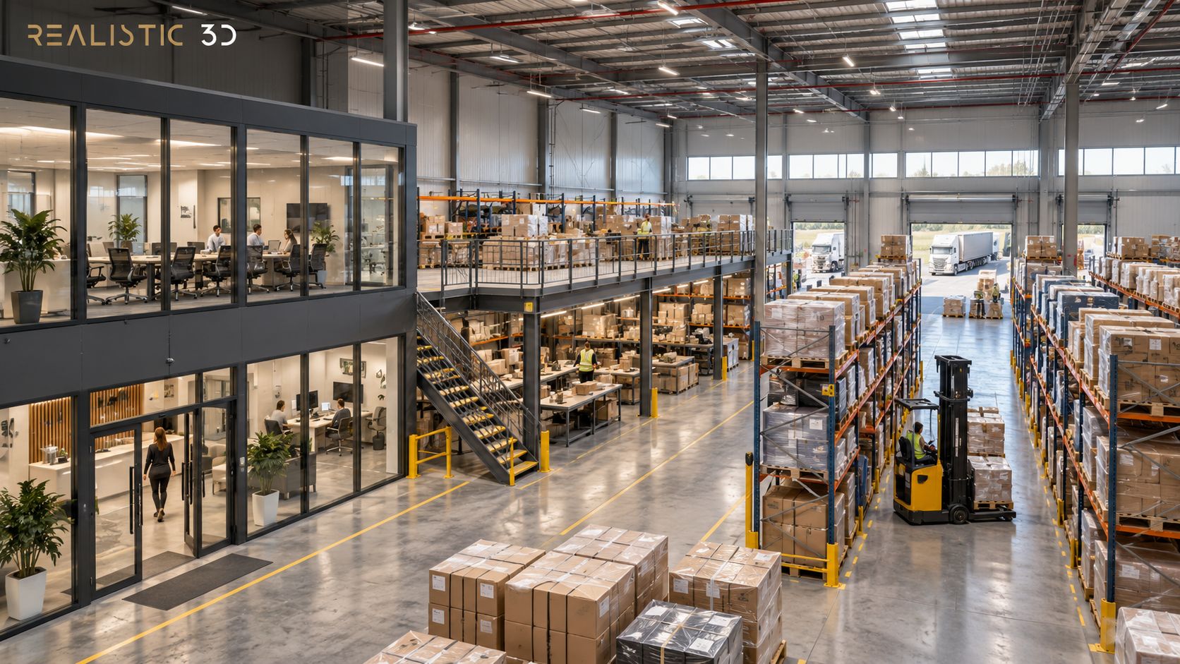 Warehouse rendering services showing office, mezzanine and operational logistics floor layout