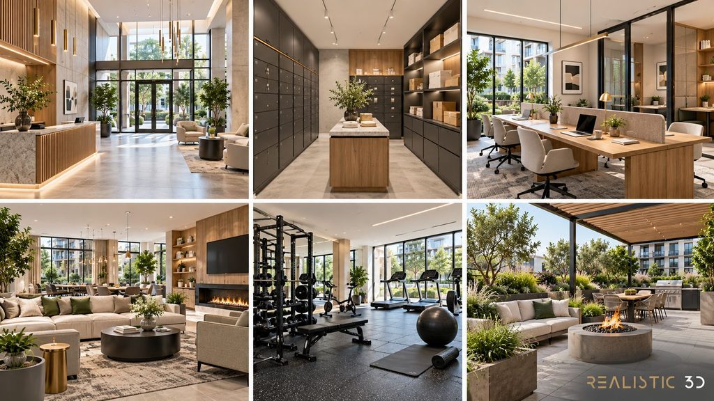 Build-to-rent amenity rendering collage showing lobby, lounge, gym, workspace, terrace.