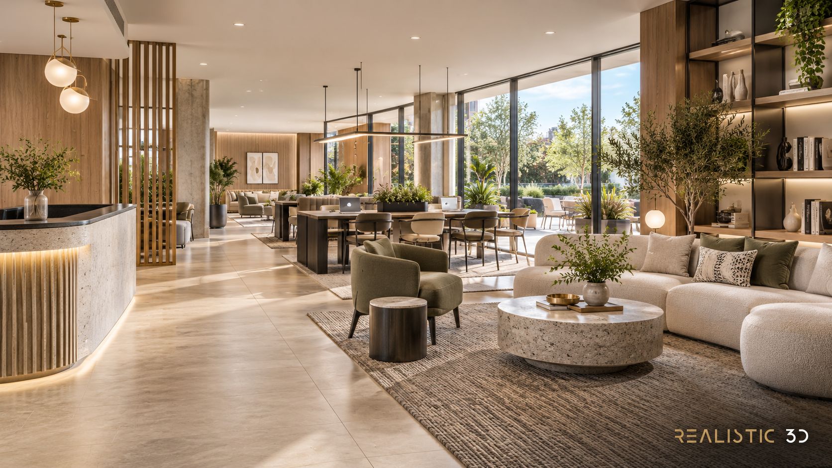 Build to rent amenity rendering showing varied shared residential amenity spaces.