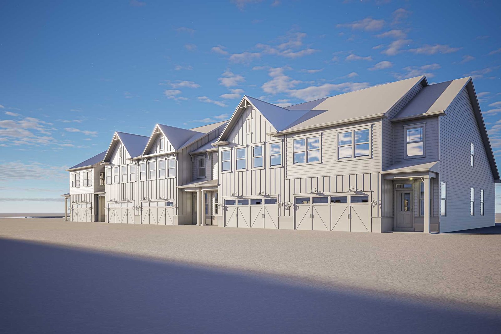 Row of modern suburban townhouses with garages and woman pushing stroller