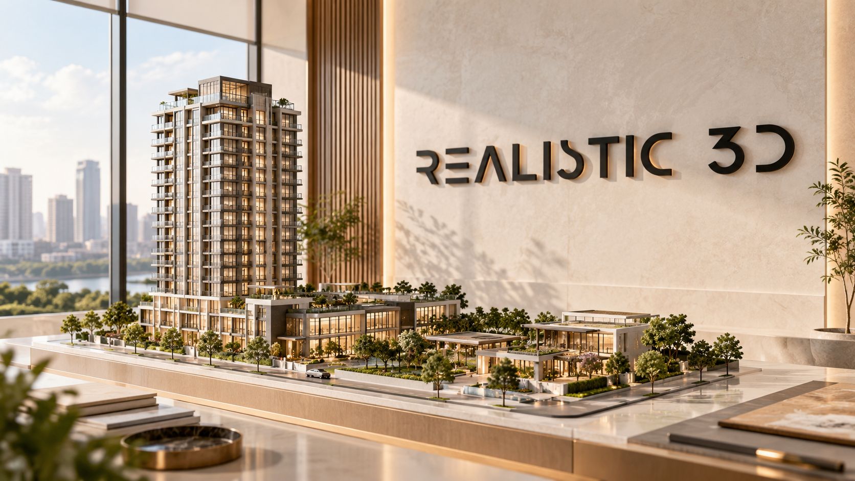 Luxury condominium rendering package model in premium architectural studio setting.
