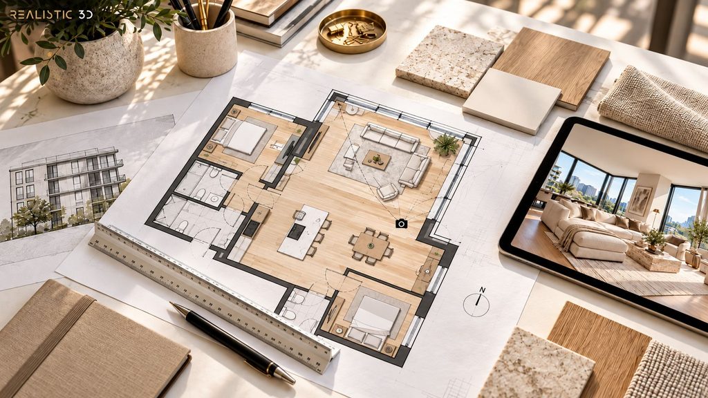 Architectural workspace with corner apartment plan, material samples, and render preview