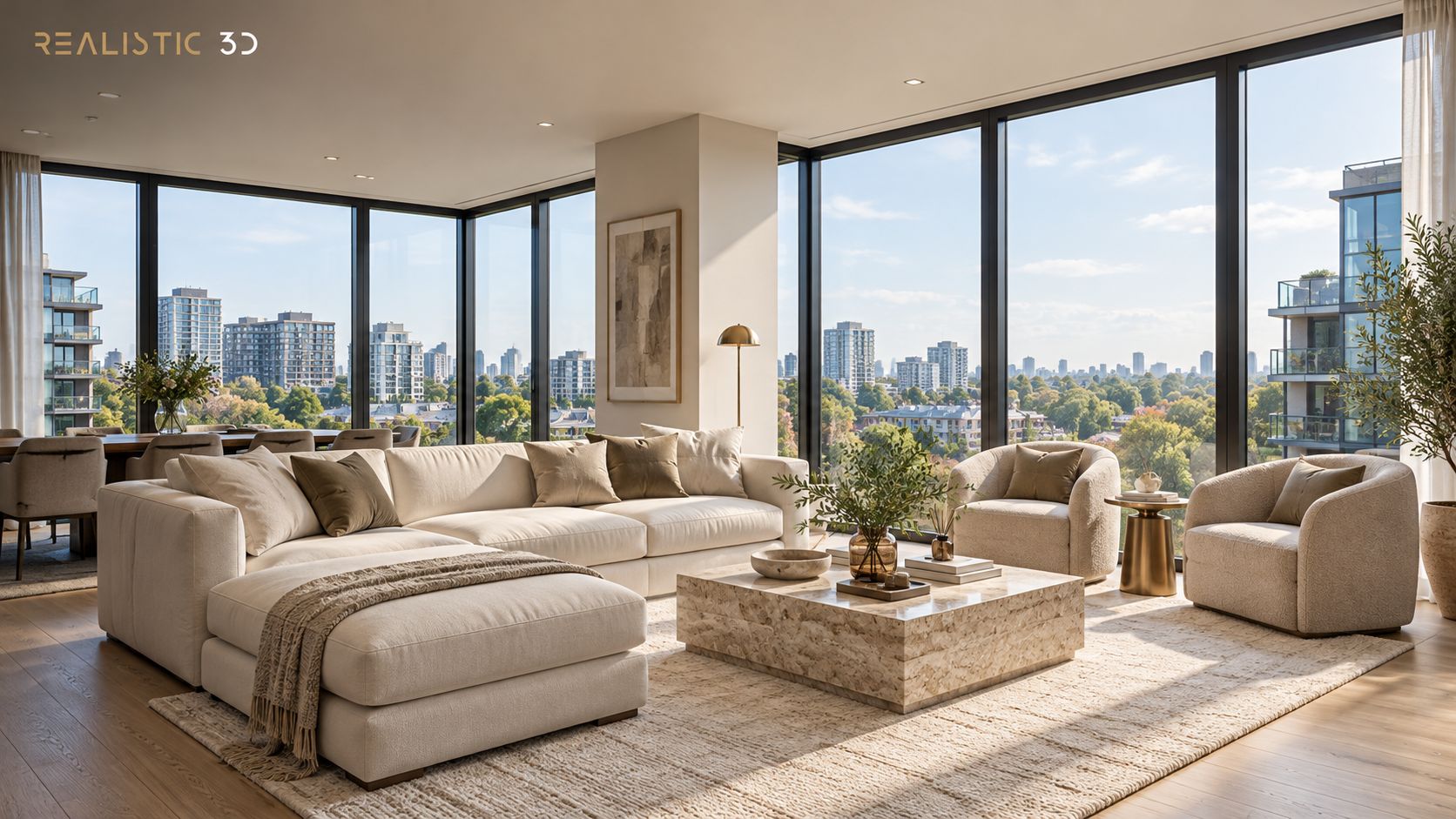 corner apartment rendering showing dual-window living room with natural light