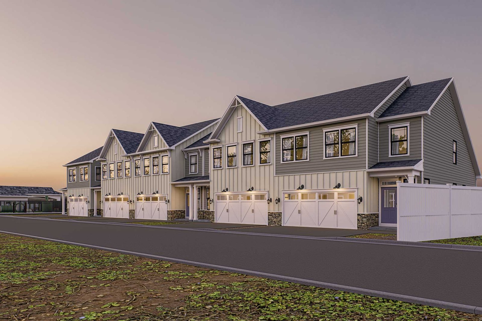 Photorealistic modern two-story house exterior 3D render at dusk by Realistic 3D