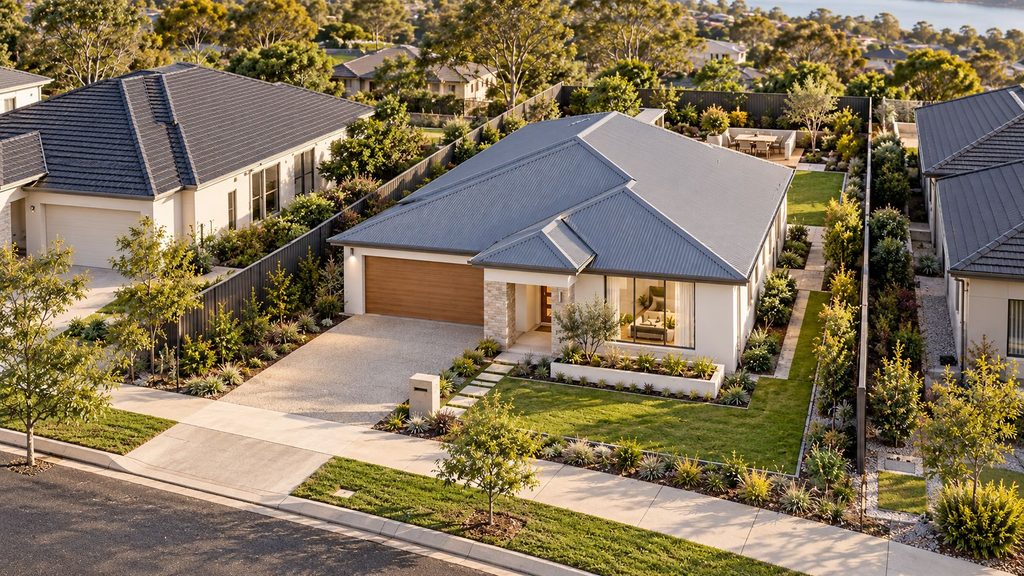 Modern home positioned precisely on a landscaped suburban residential lot