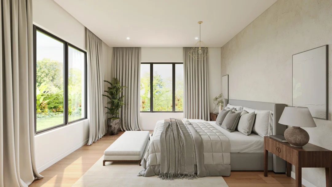 A contemporary residential interior designed around warmth, simplicity, and a strong connection