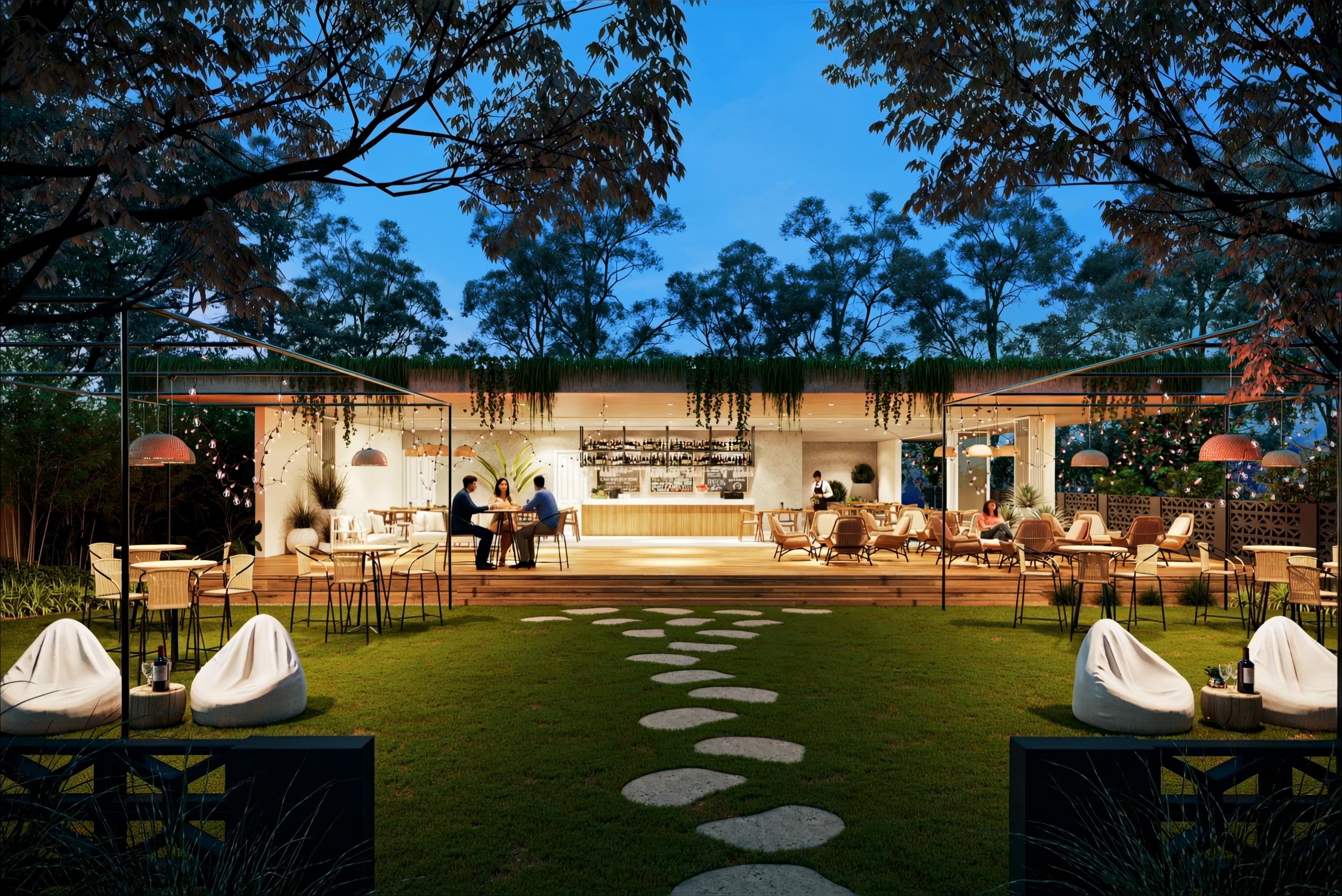 Garden restaurant pavilion at dusk, render by Realistic3D