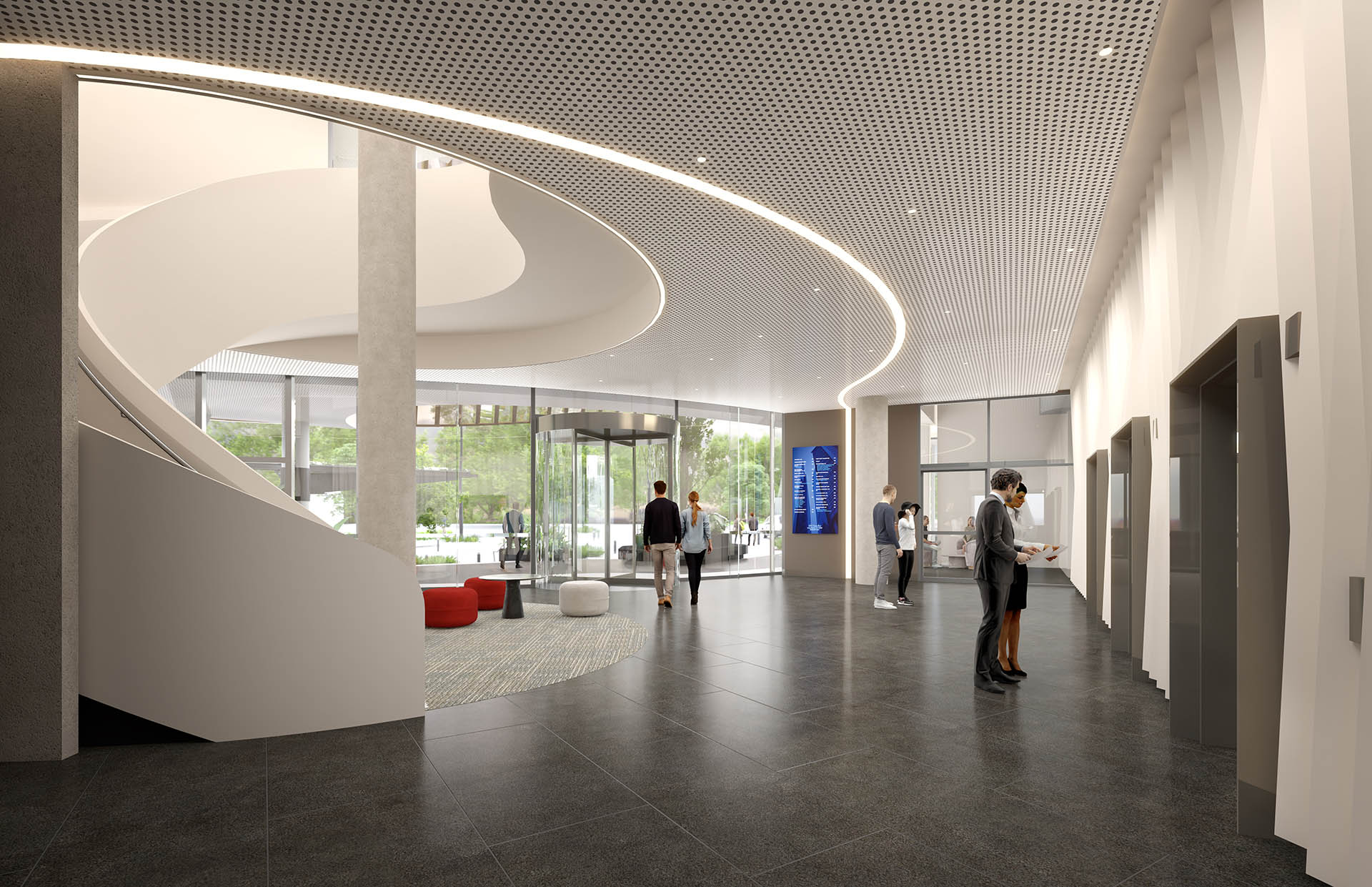 Office lobby with a sculptural spiral stair, render by Realistic3D