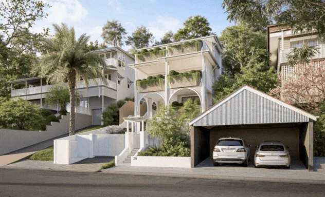 Modern residential architecture render with lush greenery by Realistic3D